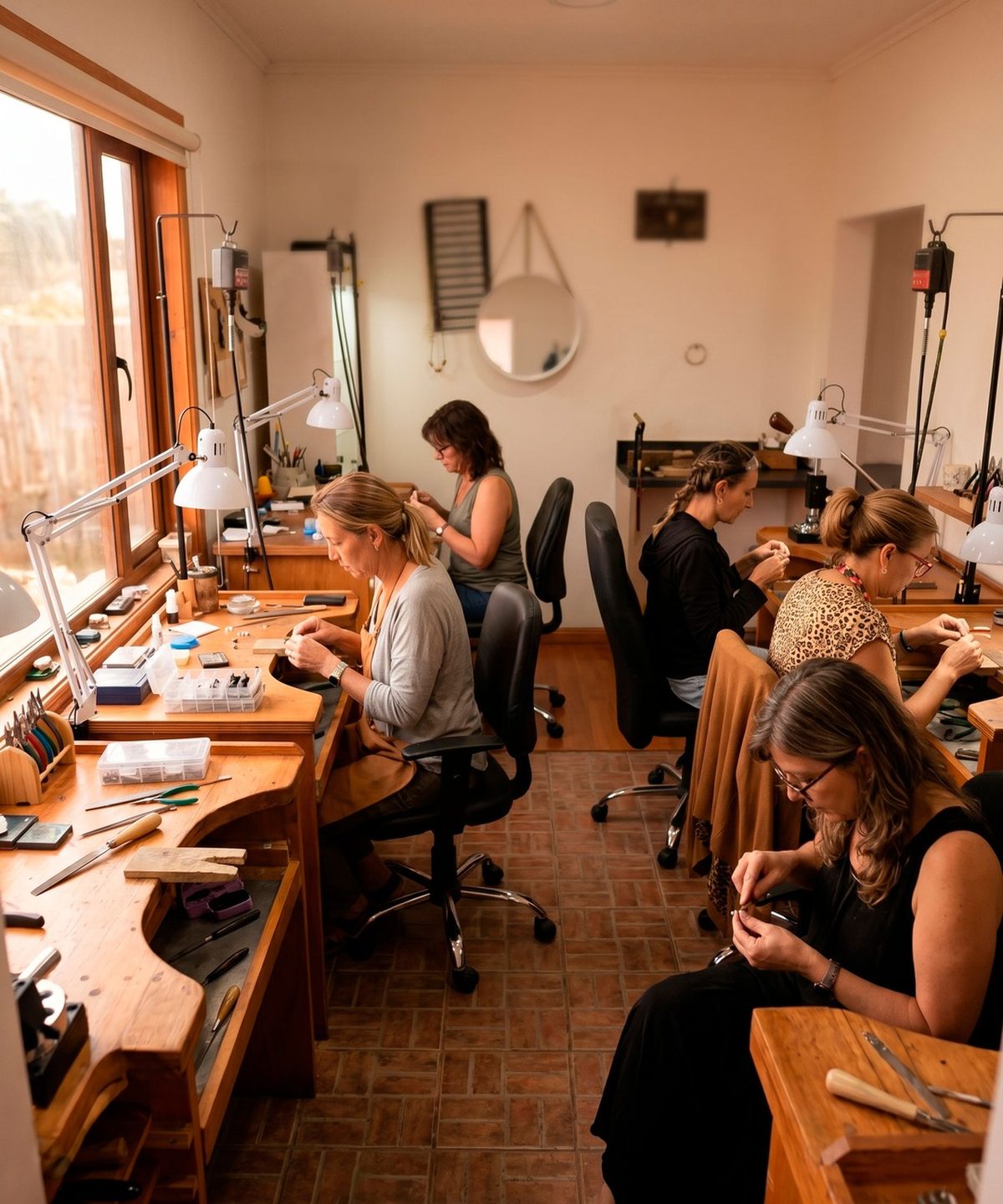 Atelier de Círculo de Fuego: alumnas trabajando piezas de joyería con luz natural